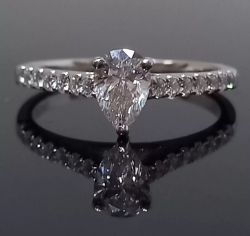 0.72CT TOTAL, PEAR SHAPED DIAMOND ENGAGEMENT RING/ DIAMOND SHOULDERS WHITE GOLD+AGI-BOX