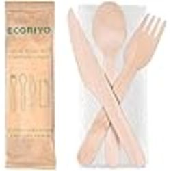 ECORIYO INDIVIDUALLY KRAFT WRAPPED 4-IN-1 WOODEN CUTLERY SET (PACK OF 500)