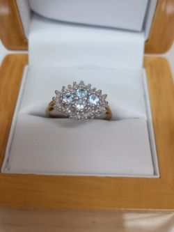 AQUAMARINE & DIAMOND CLUSTER RING 9CT YELLOW GOLD+GIFT BOX
