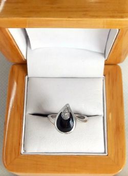 BLACK CERAMIC & 0.10CT DIAMONDS RING 925 SILVER/SIZE L