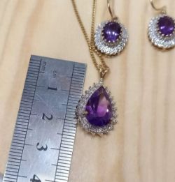 9CT YELLOW GOLD, AMETHYST, DIAMOND NECKLACE & EARRING SET