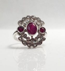 RUBY & OLD CUT 0.25CT DIAMONDS/HANDMADE/14CT WHITE GOLD