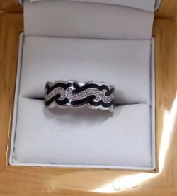 CERAMIC & 0.10CT DIAMOND RING/BLACK/STERLING SILVER/SIZE N