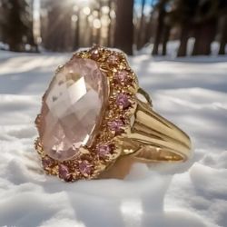 LARGE OVAL PINK MORGANITE/SAPPHIRE RING/YELLOW GOLD IN GIFT BOX WITH VALUATION CERTIFICATE £3,495