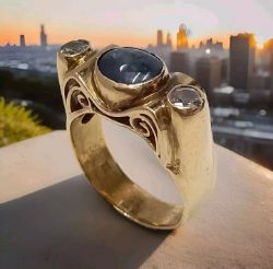 CHUNKY 18CT YELLOW GOLD SAPPHIRE & CUBIC ZIRCONIA RING