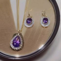 9CT YELLOW GOLD, AMETHYST, DIAMOND NECKLACE & EARRING SET 18
