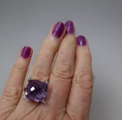 LARGE AMETHYST & DIAMOND SILVER RING+GIFT BOX