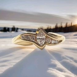 MARQUISE & ROUND DIAMOND RING 14CT YELLOW GOLD SIZEJ