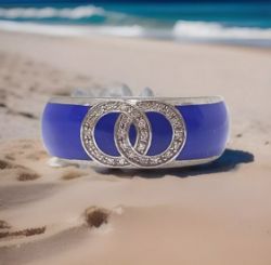 CERAMIC & 0.10CT DIAMOND RING/BLUE/STERLING SILVER/SIZE P