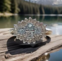 AQUAMARINE & DIAMOND CLUSTER RING 9CT YELLOW GOLD+GIFT BOX