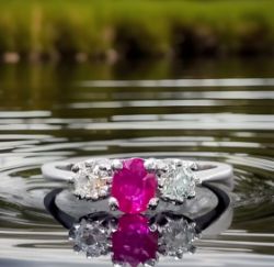 RUBY & DIAMOND 3 STONE RING 18CT WHITE GOLD IN GIFT BOX WITH VALUATION CERTIFICATE OF £3,500