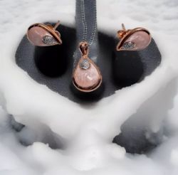 PENDANT & EARRING SET/CERAMIC & DIAMONDS BABY PINK/ROSE STERLING SILVER