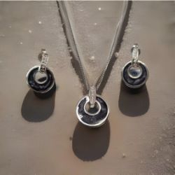 PENDANT & EARRING SET/CERAMIC & DIAMONDS SLATE GREY /STERLING SILVER