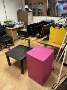 2 light oak veneer desks, 2-drawer filing cabinet, 4-drawer filing cabinet (with only 3 drawers) e