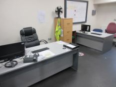 Three grey laminate desks, three assorted chairs