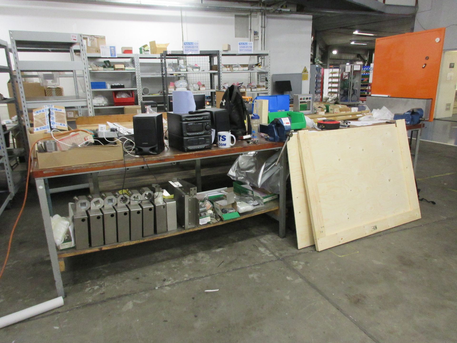 Metal frame/timber top workbench, 3.7m x 800mm with Record No. 5, 5" and Record No. 3, 4" bench