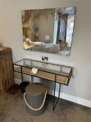 Black metal & glass dressing table with wall mounted mirror & stool