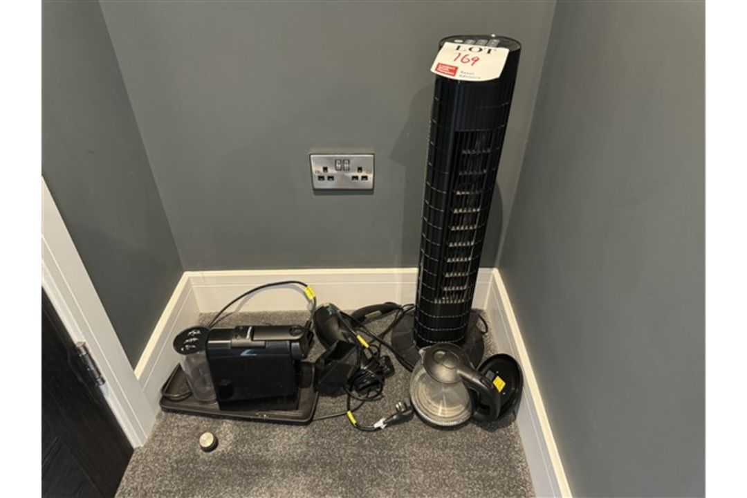 Assorted hotel appliances including Nespresso Coffee machine, one Ansio tower fan, one hotel safe & - Image 1 of 2