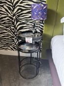 Circular metal framed bedside tables x 4 with 2 lamps and 2 matching bed pillows by artist Anna Pl