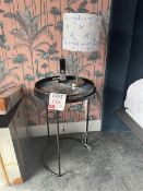Circular metal framed bedside tables x 2 with 2 lamps and 1 similar but non-matching bed pillow by