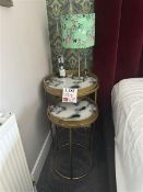Circular metal framed bedside tables x 4 with 2 lamps and 2 matching bed pillows by artist Anna Pl
