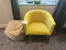One Mustard piped Club Chair (£160 new), one Leopard print goat fur pouf (£160 new) & one Leopard pr