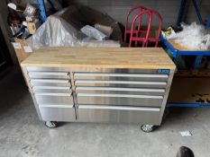 SGS Wooden topped, 10-drawer wheeled tool storage workstation