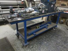 Metal frame timber top mobile workbench 2400 x 600mm with undershelf 2400 x 600mm (excluding