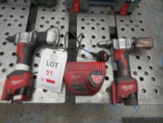 Two Milwaukee M12BPRT cordless pop riveters, 1 x M12 charger