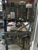 Assorted hand tools including spirit level, mallets, steel rulers, drill & hole screws, etc.