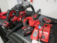 Milwaukee cordless tools including Drill M18 BPDN, blower M18 BBL, vacuum M18CV, 2 x M18