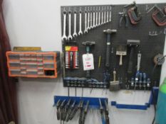 Wall mounted shadow board with contents including spanners, socket set, Hex keys, screwdrivers, '
