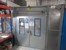 Metal 3 sided water back spray booth, approx. 5.6m x 3.6m, airflow filters: 5.13M3/sec, smoke