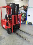 Hyster A1.50XL battery operated 3 wheel twin mast forklift truck, serial no. C203A05217F, hours 3,