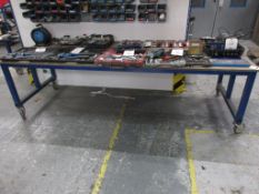 Metal frame timber top mobile workbench 2500 x 940mm (excluding contents)
