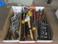 Assorted hand tools including hammers, mallet, spanners, socket kits, screwdrivers, adjustable