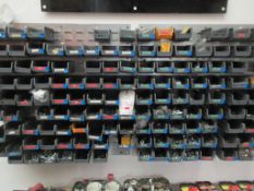 Quantity of assorted plastic storage bins with contents including nuts, allen keys, screws, washers,