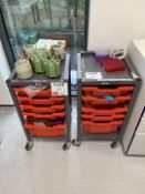 2 x mobile 5-tray trolleys and contents