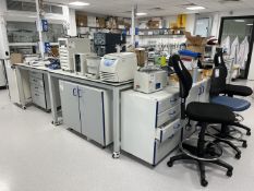 Lab workbench to include 4 x mobile tables, 3 x 4-drawer units, 3 x double door cupboards and drawer