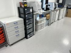 Lab workbench to include 3 x mobile tables, 2 x 4-drawer units, 1 x 6-drawer plastic unit and drawer
