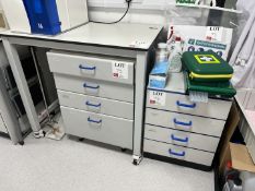 Lab workbench to include 1 x mobile table and 2 x various drawer units with drawer contents