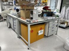 Lab workbench to include 3 x mobile tables, 2 x double door cupboards, 3 x 4-drawer units and drawer