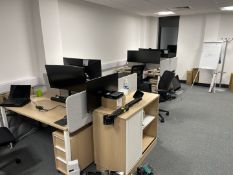 Office furniture to include 4 x pods of 2 desks, screen and under-desk pedestals, 2 x small tambour