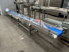 Blue belted Stainless Steel conveyor. Elevation 350-600 mm. Food grade belt. Please note there is a