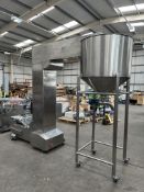 Nut Hopper. 250-300 KG hopper. 304 SS bottom outfeed with small motor with screw auger to 100 mm Dia