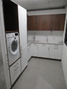 White and Walnut Effect Display Utility Room with Laminate Worktop, Resin Sink, 1810 Company Mixer T