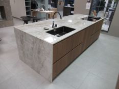 Häcker Porto Wood Veneer Kitchen Island with Dekton Taga Worktop with Waterfall Edges & Accessories
