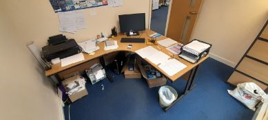 3x wood effect cantilever curved office desks with 3x 3 drawer pedestal and 3x matching desk