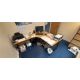 3x wood effect cantilever curved office desks with 3x 3 drawer pedestal and 3x matching desk - Image 1 of 6