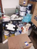 Large quantity of paint to include wood filler, filler, rollers